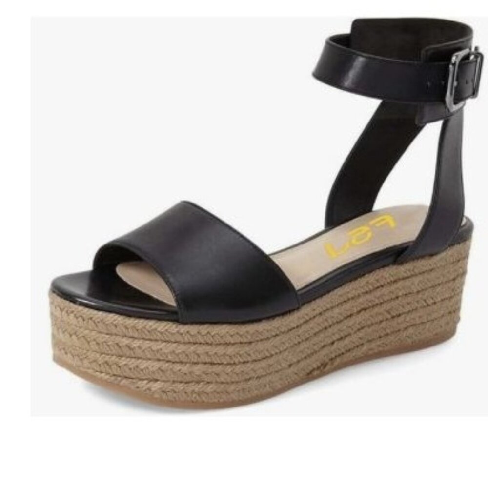 FSJ Black Open Toe Platform Wedge High Heel Sandals Ankle Strap Shoes